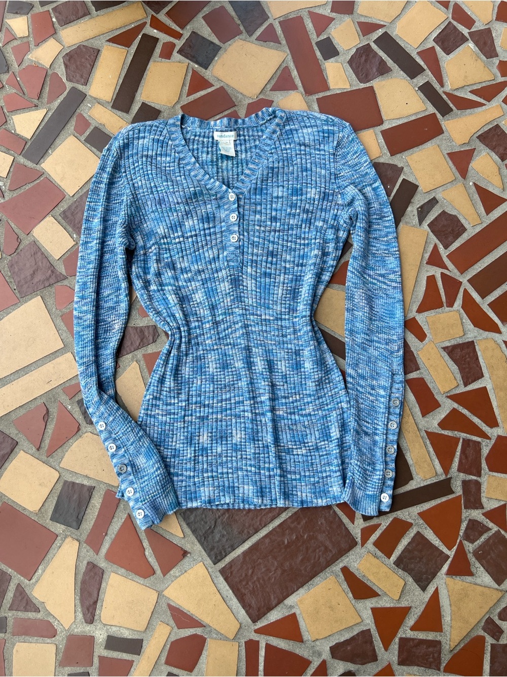 Sundance Blue Marled Ribbed Henley Long-Sleeve Top